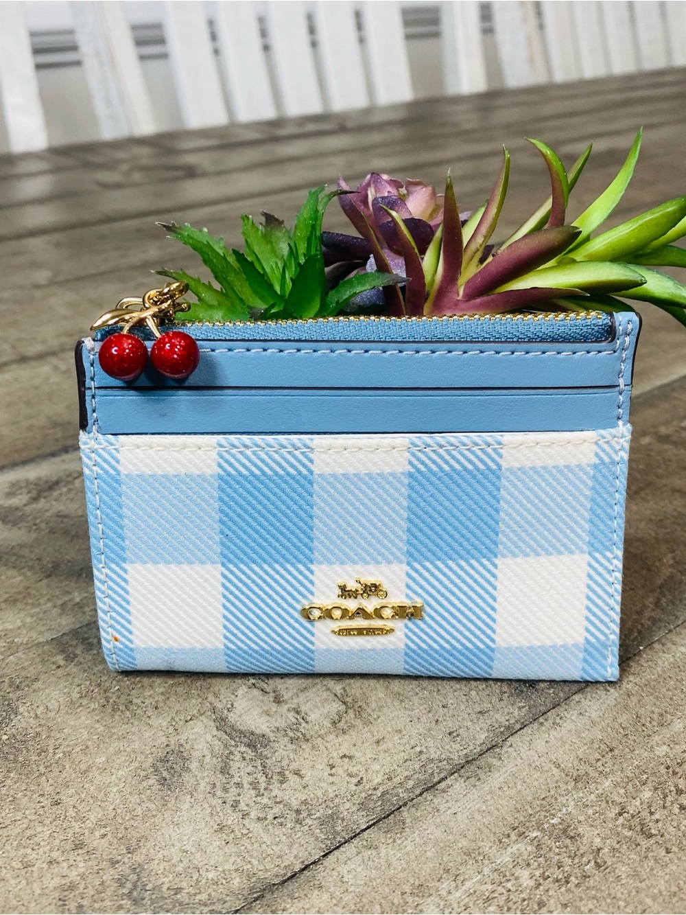 COACH Mini Skinny ID Case Gingham Blue White Card Holder Wallet Cherry Charm